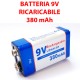 1 BATTERIA RICARICABILE 9V 380MAH VIDEOGIOCHI 9 VOLT NIMH TELECAMERE PILA GIOCHI
